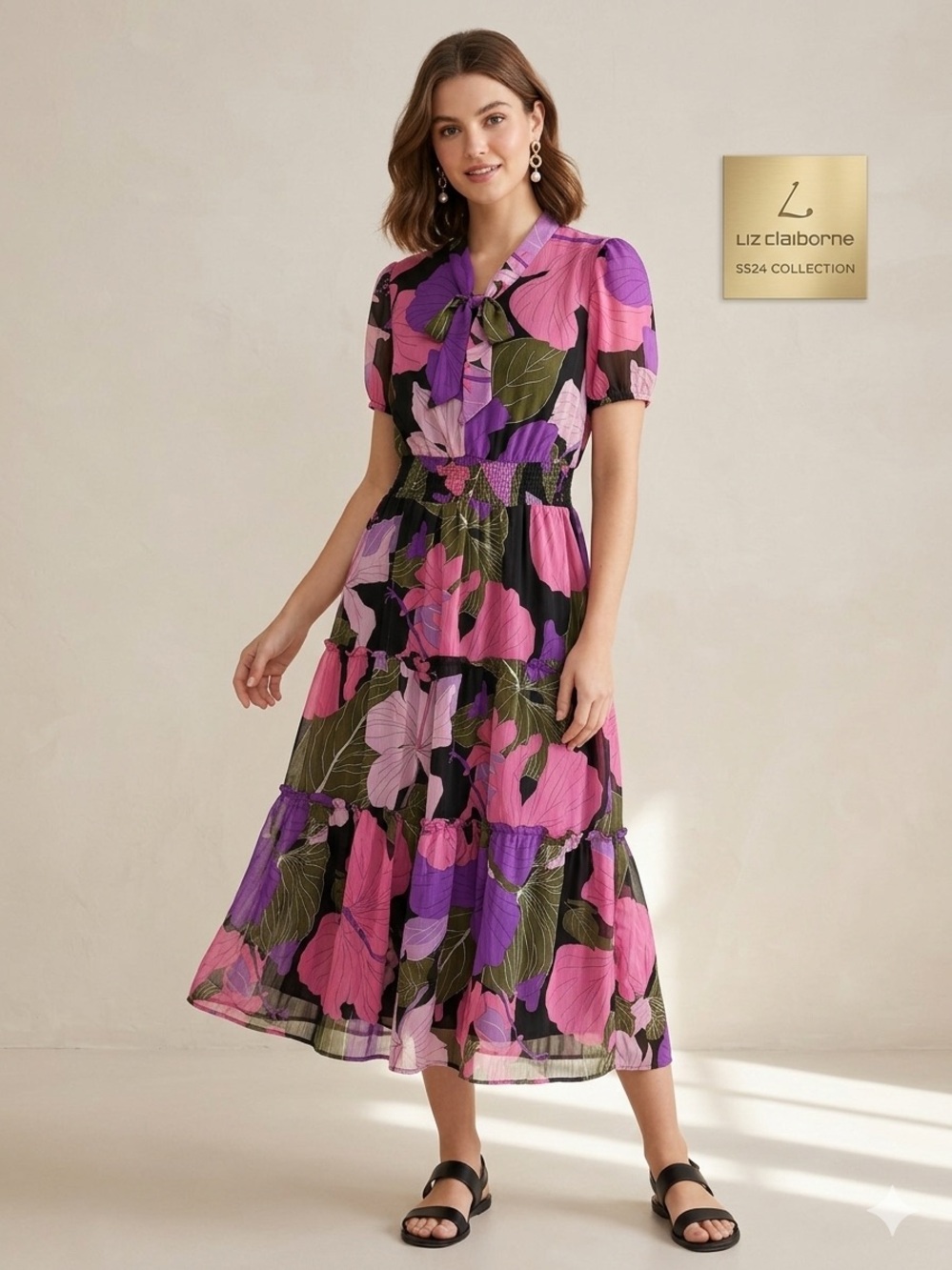 Liz Claiborne Pink & Purple Floral Tie-Neck Midi Dress
